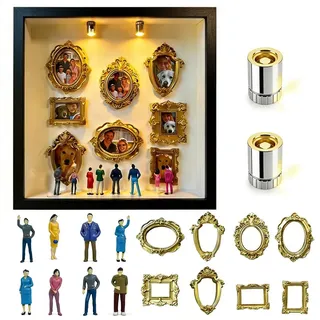 DIY Mini Museum Silhouette Box, Foto Erinnerungsanzeige Set mit 8 Mini Bilderrahmen Gold & 8 Zufällig Figuren, Kreatives Bilderrahmen mit LED Licht für Jahrestag, Hochzeit, Heimdekoration (Schwarz)