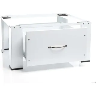 Wiltec Untergestell für Waschmaschinen max. 150 kg, Waschmaschinensockel mit Schublade, Waschmaschinenerhöhung aus Stahl für Waschmaschine u. Trockner - Weiß