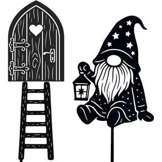 KRONLY Wichteltür mit Leiter & Wichtel mit Laterne – 3-TLG. Wichtel-Set für Garten & Weihnachten – Metall Deko Figur wetterfest – Feentür mit Gnom
