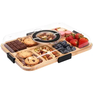 Charcuterie Board mit Deckel – Tragbares Snackbrett mit 6 Fächern & Transparentem Deckel – Reversibles Käsebrett für Picknick, Party & Küche – Multifunktionales Servierbrett für 2–4 Personen
