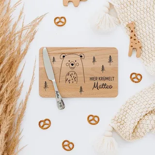 wunderwunsch Frühstücksbrettchen Kinder mit Messer, Brotzeitbrett Holz | Brettchen personalisiert, Vesperbrett, Krümelt Spruch, Taufe Junge, Mädchen, Pizzabrett Rund, Esel, Dino, Hase