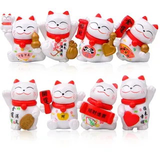 8 Stück Mini Maneki Neko Glückskatzenfiguren, Solar Winkekatze Japanische Glückskatzenfiguren Winkende, Lucky Wealth Begrüßungskatze, Winkekatze Glückskatze Glücksbringer Keramik Winkende Katze