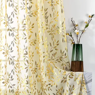 Sutuo Home Transparente Vorhänge, 213,3 cm lang, 2 Paneele, Goldfolien-Druck, metallische Bronzeblätter, Sichtfenster, Dekoration, Vorhangpaar für Weihnachten, Schlafzimmer, Küche, Wohnzimmer, 132,1