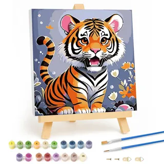 Qiukoo Malen Nach Zahlen Kinder mit Rahmen - Tiger Malen Nach Zahlen Kinder ab 6 7 8 9 10 Jahre Mädchen und Junge, Tiere Paint by Numbers für Geschenke und Wand Dekoration 20x20cm Mit Staffelei