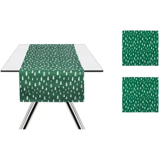 Excelsa Green Winter Set Tischläufer und 2 Servietten aus 100 % Baumwolle, grün mit weißem Tannen-Motiv, Tischläufer 145 x 45 cm, Servietten 45 x 45 cm, Weihnachtsdekoration