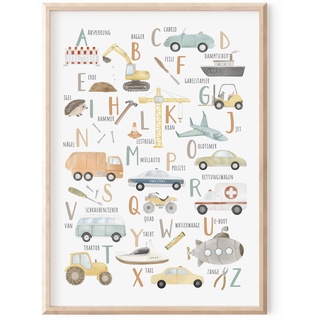 MeinBaby123® DIN A2 ABC Kinderzimmer Poster| Fahrzeuge Poster Alphabet Lernposter | Bilder Kinderzimmer für Jungen | Deko Bilder Kinderzimmer | Wandposter Premium (Fahrzeuge ABC)