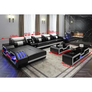Leder Design Sofa Couch Polster Ecksofa Garnitur Wohnlandschaft Ecksofa LED Neu - Schwarz