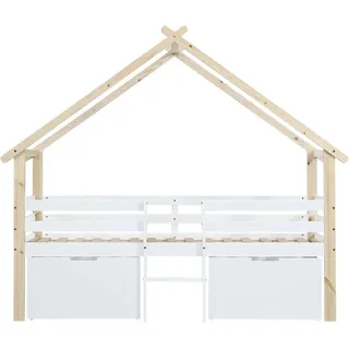 okwish Halbhochbett 90x200cm mit Dach Treppe und Schließfächern Kinderzimmer Weiß ohne Matratze
