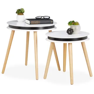 Relaxdays, weiß/Natur 2er Set Beistelltisch, Holzbeine, 5 cm Dicke Tischplatte rund, Satztische, Wohnzimmer, 40 & 48cm Ø, 48.5 x 48 x 48 cm