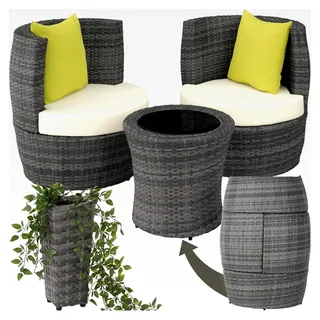 Rattan Set für 2 Personen, Balkonmöbel, Gartenmöbel Set, Outdoor Sitzgruppe mit 2 Stühlen, 1 runden Beistelltisch, 1 Vase, platzsparend zusammenschiebbar, mit Polstern und Kissen - grau - Grau