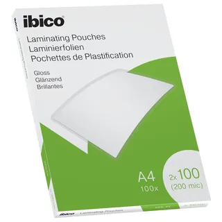 Ibico Laminierfolien A4 200 Mikron (2 x 100 mic), 100 Stück, Glänzende Heißlaminierfolien, Abgerundete Ecken, Ideal für Büro oder Schule, Transparent, Kristallklar, 627317