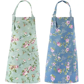 DDJYP HOMKITN Küchenschürze für Damen, Baumwollleinen, Blumenmuster, Schürze mit Taschen, für Damen, Kochschürze (Grün und Blau), 2 Stück