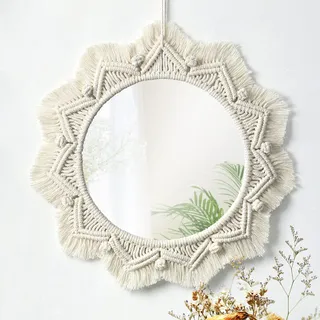 SOMYTING Makramee Wandspiegel 38CM Boho Sonne Mirror Art Deko Makramee Fringe Runder Spiegel Ornament für Wand Dekoration Home Schlafzimmer Wohnzimmer Room Decor