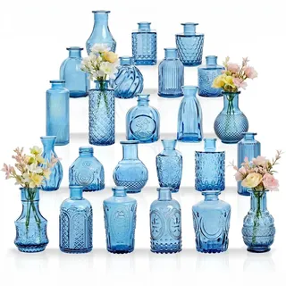 Kleine Glasvasen Set von 24, für Tischdekoration, Hochzeit, Empfang, Zuhause, Vintage-Flaschen, Transparent, Dekorative Glasvasen mit Deckeln (24, Blau)
