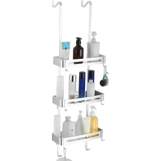 MOGFCT Duschregal zum hängen, Badezimmer-Duschablage, über der Tür hängende Duschablage, rostfreies Aluminium-Duschregal, Badezimmerregal mit Haken (drei Silber)