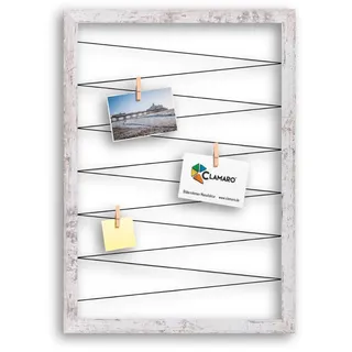 CLAMARO Bilderrahmen Collage Flex, 70 x 90 cm, Vintage Weiß, Wandaufhänger | MDF-Holzrahmen vollummantelt, vorgespannte Gummileine, Echtholz-Fotoklammern, für Fotos, Postkarten, Notizen