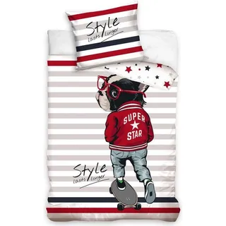 BedLex Bettbezug Skating Hund - 140 x 200 cm - Baumwolle - 70 x 90 cm - Rot
