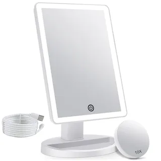 FASCINATE Kosmetikspiegel mit 10fach Vergrößerungsspiegel, 72 LED Schminkspiegel mit Beleuchtung, Dimmung Tischspiegel, Duale Stromversorgung, Tragbarer Reisespiegel (weiß mit 3 Farbiger Beleuchtung)