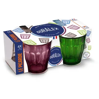 Duralex® Le Picardie® Collection | Trinkglas, Saft und Limonade und Cocktailglas, 25 cl, 4 Farben, Grün, Blau, Violett, Grau, 4 Stück | Robustes Glas, spülmaschinenfest