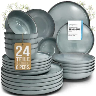 Steingut Geschirrset 6 Personen Rustic 24 tlg. TESTSIEGER, Hochwertiges Landhaussttil Steingut Geschirr Set, Schüssel- und Teller Set, Tafelservice 6 Personen, Geschirrsets Pure Living in Rauchblau