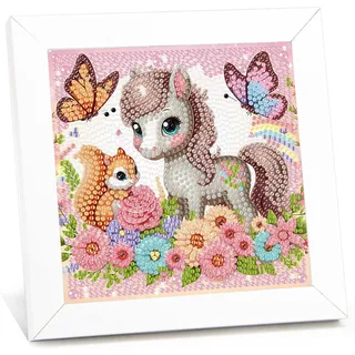Viart Pferd Eichhörnchen Diamond Painting kinder mit Rahmen,Pferd Eichhörnchen 5D Diamond Art Anfänger Bilder Kinder,Diamant Painting Home Decor Geschenk für Kinder ab 6 Jahren(15x15cm)