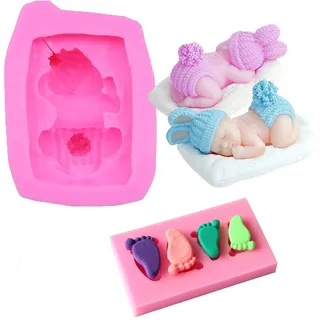 2 Stück 3D Baby Silikonform Schlafen Baby Fondant Form Baby Fußabdruck Silikonformen für Baby Geburtstag Party Kuchen Schokolade Dessert