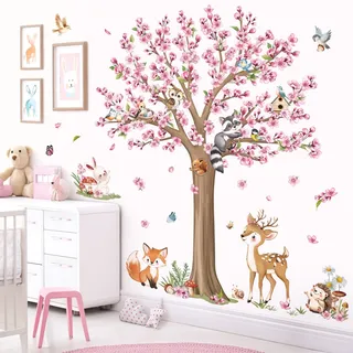 decalmile Wandsticker Kirschblüte Rosa Baum Groß Wandtattoo Waldtiere Hirsche Fuchs Hase Wandaufkleber Kinderzimmer Babyzimmer Schlafzimmer Wanddeko