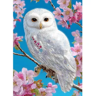XWDYBDP DIY Diamond Painting Snowy Owl, 5D Luxury Diamond Painting for Adults Beginners Pink Flowers Diamond Embroidery DIY Full Drill White Owl Diamonds Art Home Wall Decoration 30x40 cm