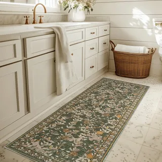 TOPICK Blumen Läufer Flur Waschbar Küche Läufer Kurzflor Vintage Romantisch Teppich 60x210cm Antibakterieller Faltbar rutschfest Dünn Teppich für Brücken Schlafzimmer Wohnzimmer Flur Orange-Grün