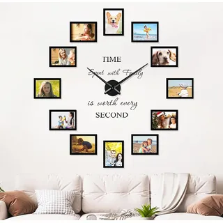 Luming DIY Wanduhr Groß Mit Bilderrahmen Collage - Modern Wohnzimmer Uhr Wand - 12 Stücke 10x15 Schwarz - Fotorahmen Set für Mehrere Fotos - Wall Clock Schwarz