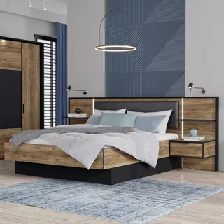 Forte JABIM Bett 300, Modernes Bett mit 2 Nachtkommoden und 2 Schubladen, Schlafzimmer, Doppelbett, Holzwerkstoff, Schwarz/Alpenfichte Holzdekor, 299,5 cm breit x 107,8 cm hoch x 208,7 cm tief