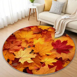 AevuCub Herbstmotiv Teppich Rund 90 cm Kurzflor - Waschbare Teppiche Wohnzimmer Herbstblätter - Runder Teppich 90 Durchmesser Kinderzimmer - Bettvorleger Schlafzimmer rutschfest Weich