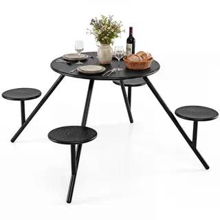 FANTASK Gartenmöbel Picknicktisch Set für 4 Personen, Beistelltisch Outdoor mit Schirmloch, Gartenmöbel, Runder Esstisch, Sitzgruppe für Balkone, Gärten