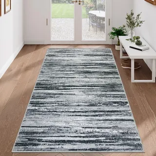 VSIWB Grau Teppich Läufer Flur 80x150 cm, rutschfest, weich, waschbar, Kunstwolle Kurzflor Küchenläufer, modern abstrakt für Wohnzimmer, Schlafzimmer, Diele, Eingang und Waschküche