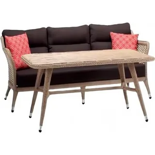 Garnitur Sofa 3 Sitzer Braun Luxus Couchtisch Rattan Design Moderne Möbel - Braun