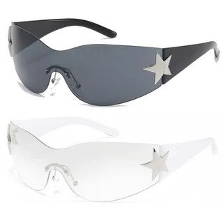 Long Keeper Trend Y2k Wrap Around Sonnenbrille für Damen Herren, Vintage Randlose Sonnenbrille Damen Groß mit Stern UV Schutz Mode Retro Rave Brille