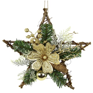 Stern aus Rattan dekoriert mit Magnolie echten Zapfen Tannenzweige Beeren Christbaumkugel Dekozweige Schleife zum Hängen Weihnachtsstern Türdeko Deko Wand Holz-Stern Weihnachtsdeko