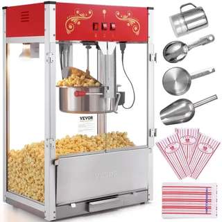 Vevor Popcornmaschine Popcornautomat Popcorngerät 1615 W, 16 oz Kessel Popcornmaschine mit großem Fassungsvermögen für die Arbeitsplatte mit gehärtetem Glas, inklusive 3 Edelstahlschaufeln Kino-Stil