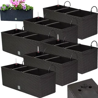 Blumenkasten Balkon Set 6 X 51x19x18,5 cm | Balkonkasten in Rattanoptik | Pflanzkasten mit Griff, Halterungen und Bewässerungssystem | Blumentöpfe für Terrasse | Pflanzkübel in edlem Design | Umbra