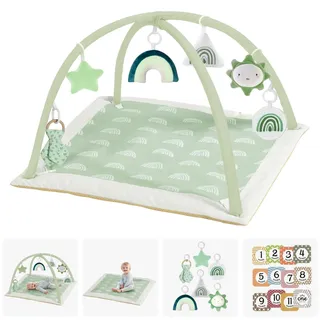 Mallify Spielbogen Baby Mädchen, Krabbeldecke mit Bogen und 6 abnehmbaren Spielzeugen und 12 Meilensteinkarten, Spieldecke baby ab Geburt, Baby Gym 0-6 Monate, Grün