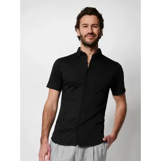 Kurzarmhemd DESOTO "Jerseyhemd Casual Modern Button Down halbarm", Herren, Gr. M, N-Gr, schwarz (solid schwarz), Jersey, Obermaterial: 100% Baumwolle, unifarben, slim fit normal, Rundhals, Raglanärmel Aufschlag, Hemden Kurzarmhemd, Flexibler Stretch