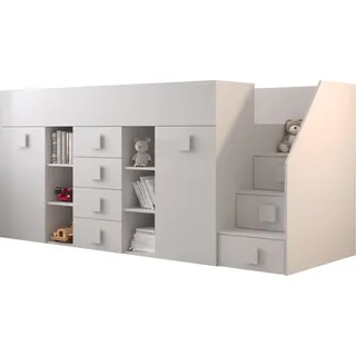 Etagenbett für Kinder Toledo 3 Stockbett mit Treppe, Schreibtisch, Bettkasten (Weiß/Weiß Glanz + weiße Griffe, Seite: Rechts) - Weiß