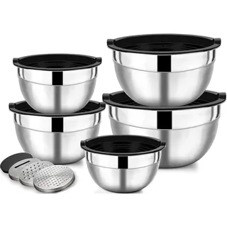 Wildone Salatschüssel 5er Set, Edelstahl Schüssel mit luftdicht Deckel, Größe 4.5l, 2.7l, 1.6l, 1.1l, 0.7l, Rührschüssel Schüsselset für die Küche, Rutschfest & Stapelbar