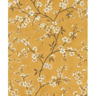 Rasch Textil Rasch Tapete 456721 - Gelbe Vliestapete mit kleinen Kirschblüten in Weiß und Beige - 10,05m x 0,53m (LxB)