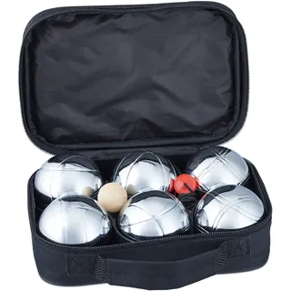 Relaxdays Boule Set, 6 Boccia Kugeln aus Metall, Zielkugel & Abstandsmesser, Petanque mit Tragetasche, silber/schwarz