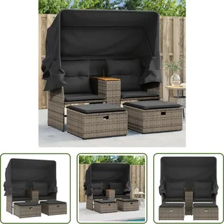 The Living Store Gartensofa 2-Sitzer mit Dach und Hockern Grau Poly Rattan - Grau