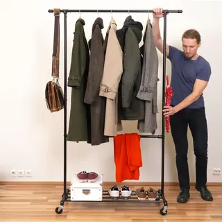 Tatkraft Drago - Kleiderständer Stabil, mit 2 Kleiderstangen, bis 110 kg, Garderobenständer, Verstellbar, Kleiderständer auf Rollen, Metall, schwarz
