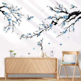 wondever Wandtattoo Blumen Vögel auf Baum Ast Wandsticker Blüten Blau | Abziehen und Aufkleben, Abziehbar, Wandaufkleber Selbstklebend für Schlafzimmer Wohnzimmer Flur Sofa Hintergrund Wanddeko
