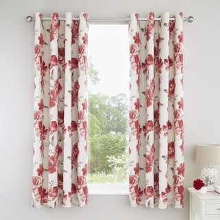 Catherine Lansfield Painted Floral Ösenvorhang, Baumwolle, rot, Eyelet Curtains-66x72 Inch