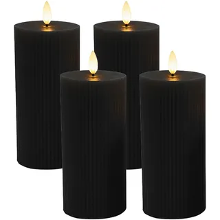 Relaxdays LED Kerzen, 4er Set, HxD: 18 x 7,5 cm, flackernde Flamme, Echtwachs, Rillen, flammenlose Blockkerzen, schwarz